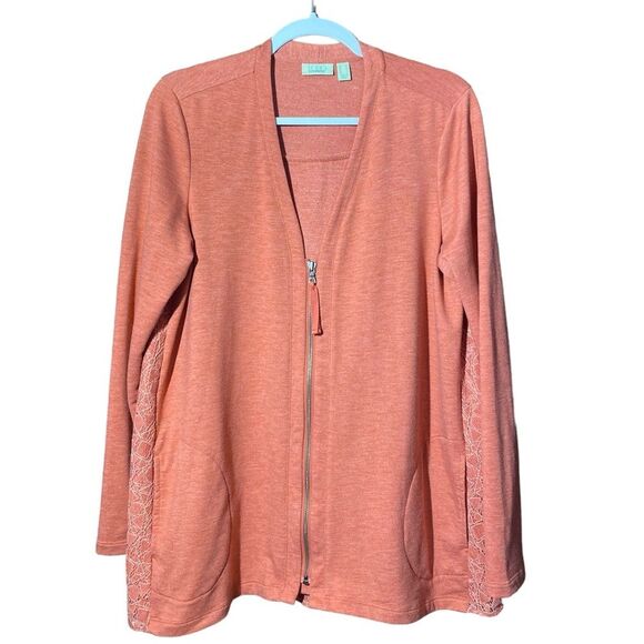 LOGO Lounge By Lori Goldstein Zip Front Cardigan W/ Lace Back Women's Size M - Picture 2 of 16